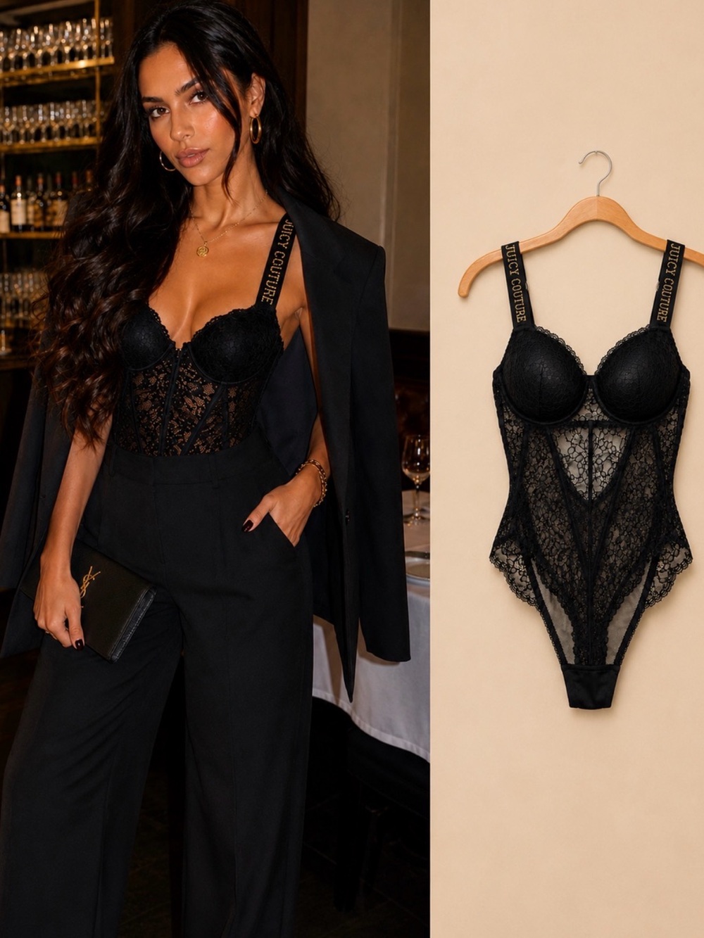 Juicy Couture Black Lace Push-Up Bodysuit Studded Logo Straps M